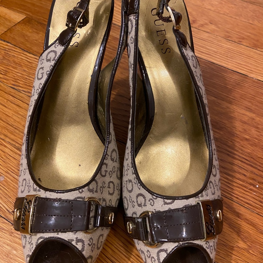 GUESS Beige and Black Peep Toe Heels